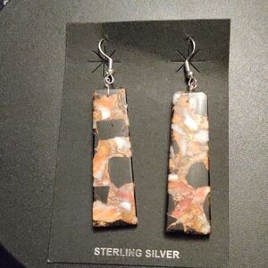 Spiny Oyster Shell Obsidian Bronze Turquoise Composite Kingman Mine Earrings